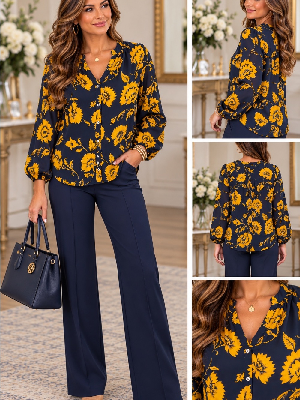 J. Crew Navy Button-Front Blouse with Bold Yellow Floral Print